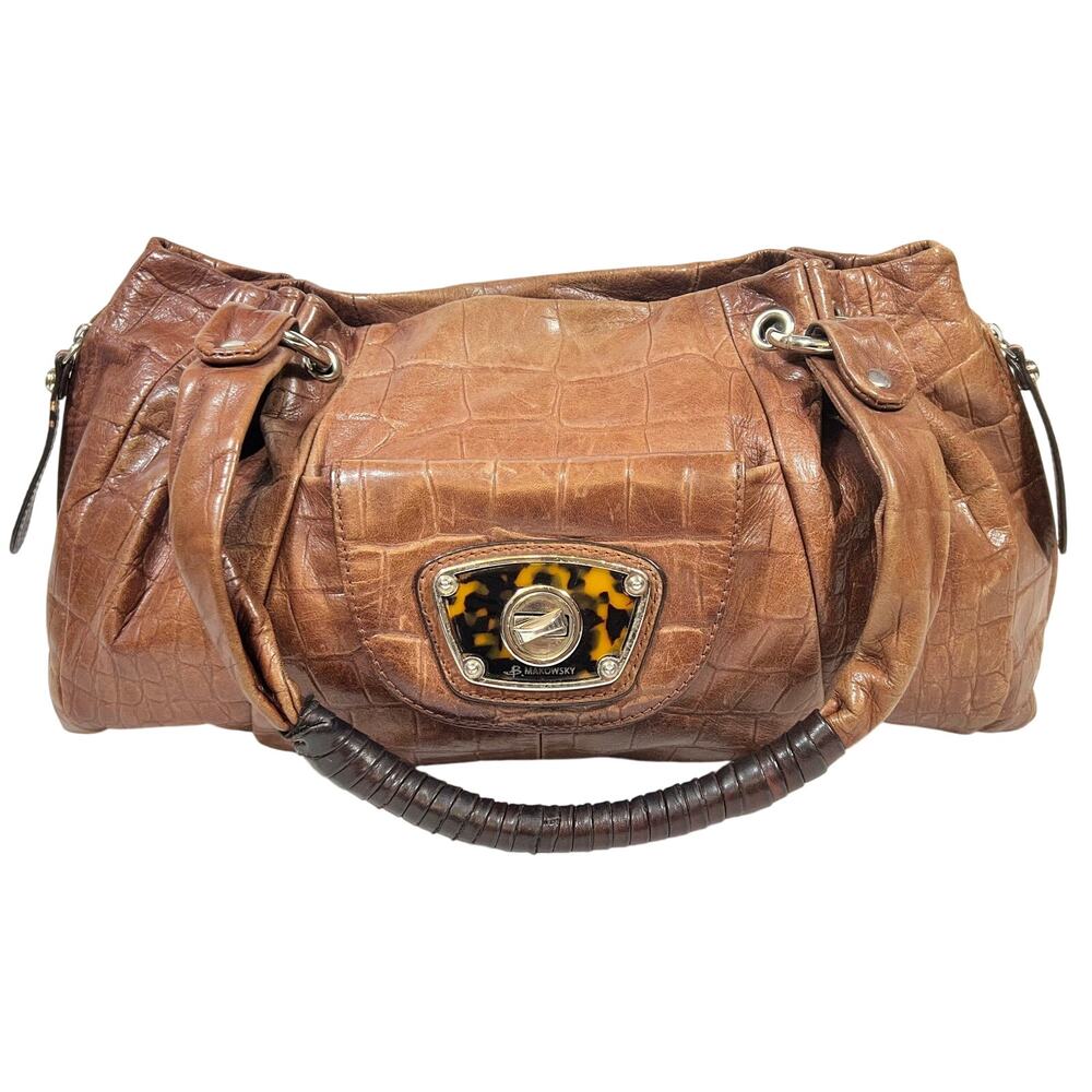 B. Makowsky Brown Leather Hobo Shoulder Bag With Silver Accents Leopard Lining